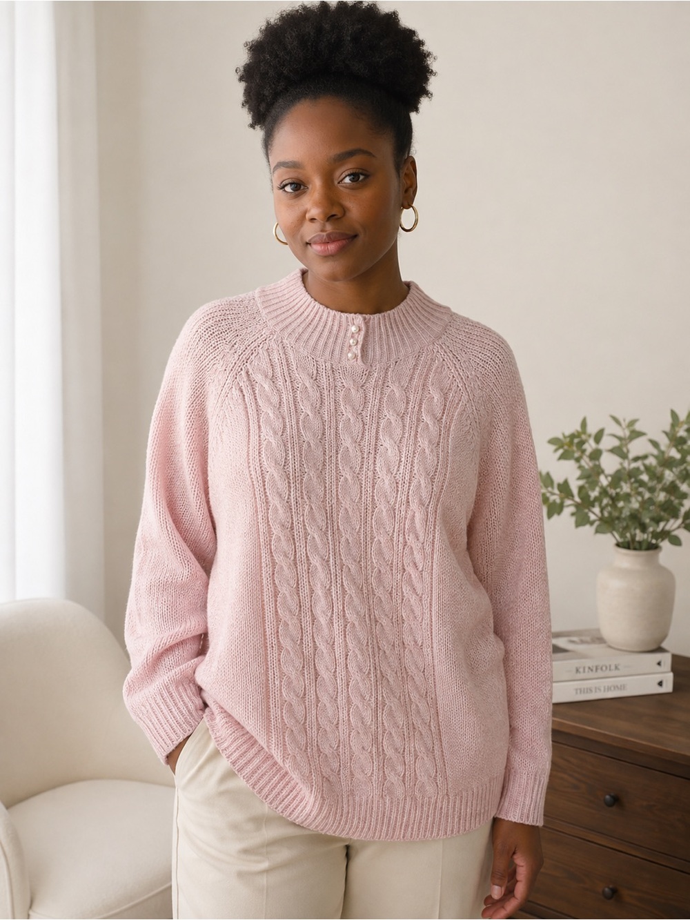 Karen Scott Women’s 1X Pink Cable Knit Sweater Mock Neck Pearl Buttons